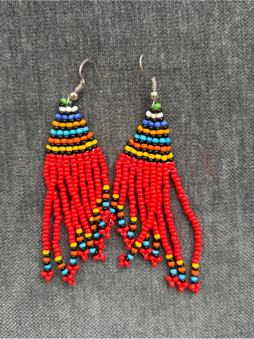 NEW African Handmade Beadedii Red Multi Color Earrings. Bought in Africa. Masai